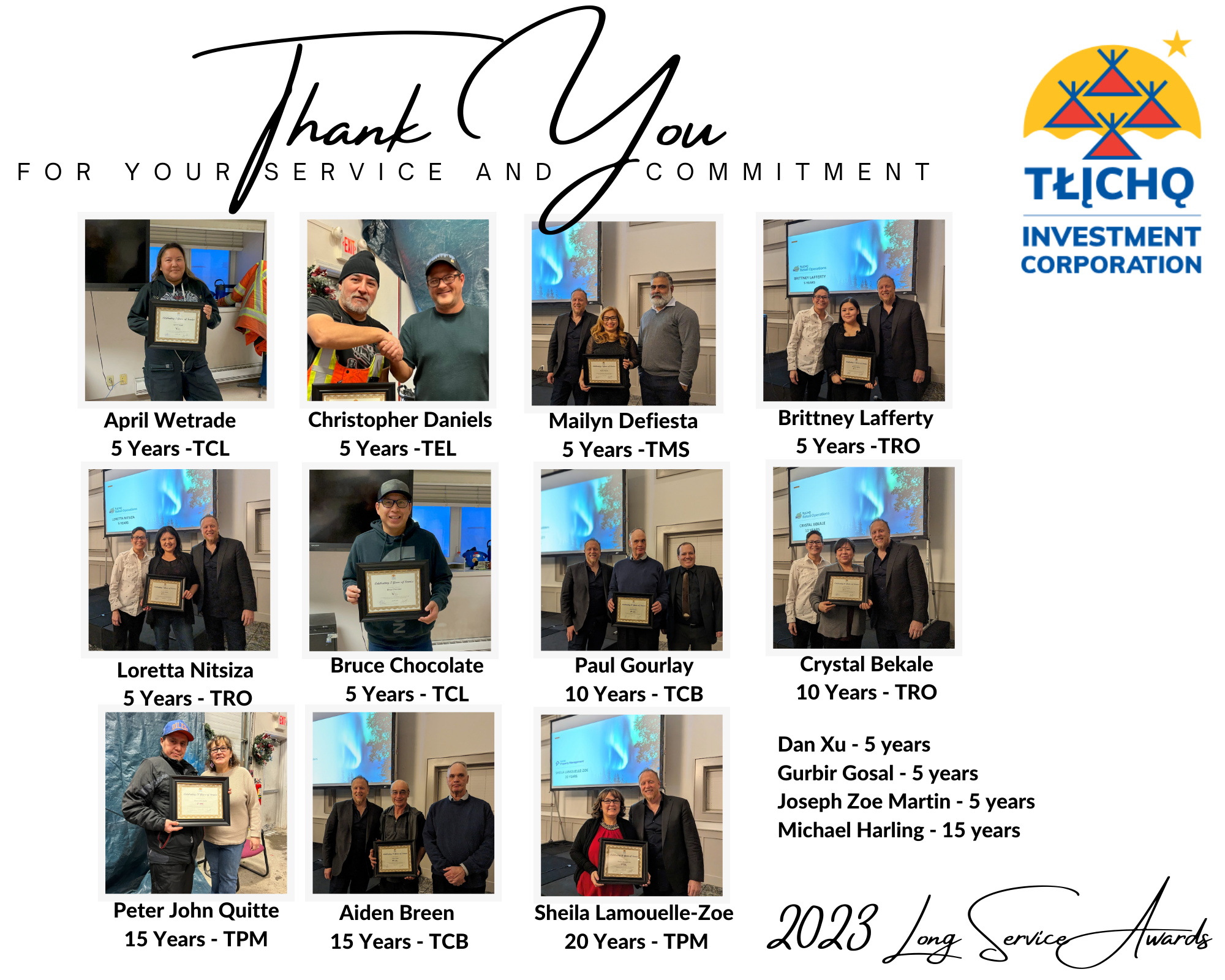 Thank you for your service and commitment (Top Left to bottom Right) April Wetrade, Christopher Daniels, Mailyn Defiesta, Brittney Lafferty, Loretta Nitsiza, Bruce Chocolate, Paul Gourlay, Crystal Bekale, Peter John Quitte, Aiden Breen, Sheila Lamouelle-Zoe, Dan Xu, Gurbir Gosal, Joseph Zoe-Martin, Michael Harling.