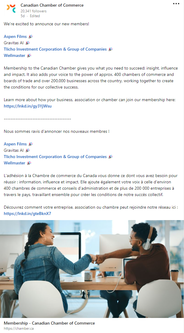 A screenshot of a linkedin social media post from the canadian chamber of commerce page